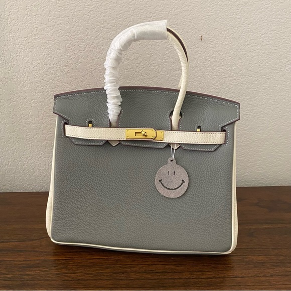 None Handbags - Gray White Colorblock 30 BK Structured Lock Key Doctor Satchel Bag Crossbody S9